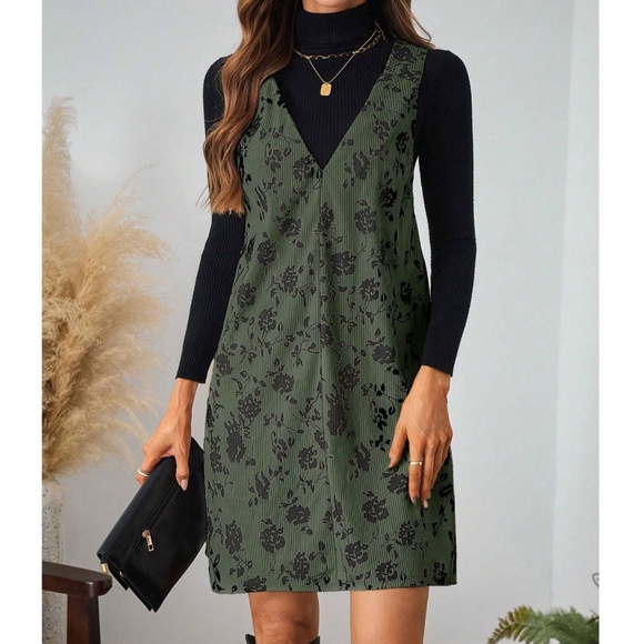 Boho Floral print Corduroy Sleeveless Mini Dress - Picture 5 of 6